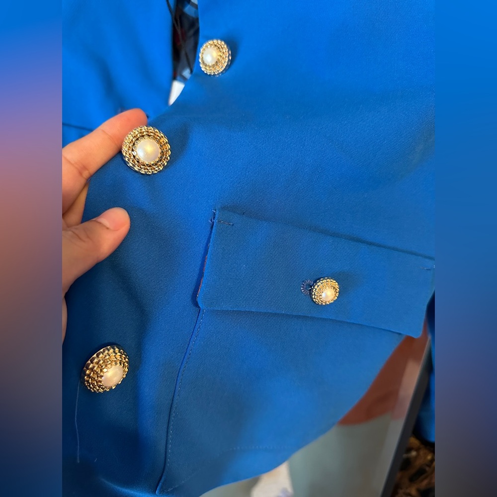 NWT Zara Cropped Royal Blue Pearl Button Down Blazer - Picture 6 of 13